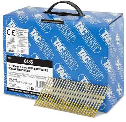 Tacwise 0436 Extra Galvanised Framing Nails 3.1 / 90 mm, Round Head, Screw Shank, 22° Inclined, Plastic Collated, Pack of 3000