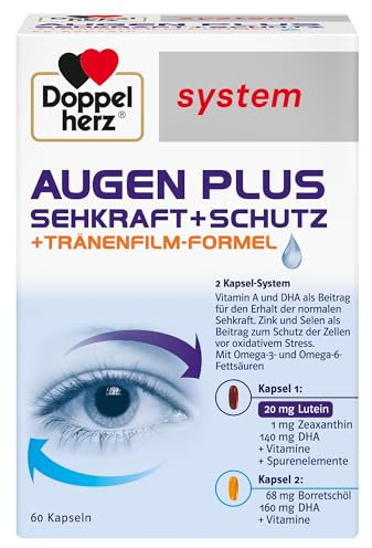 Doppelherz system AUGEN PLUS SEHKRAFT + SCHUTZ – Mit Vitamin A und der Omega-3 Fettsäure DHA als Beitrag für den Erhalt der normalen Sehkraft – 60 Kapseln