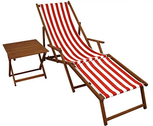 Lunga Sedia Sdraio a Righe Bianco-Rosse con braccioli in Faggio e con tavolino 10-314FT