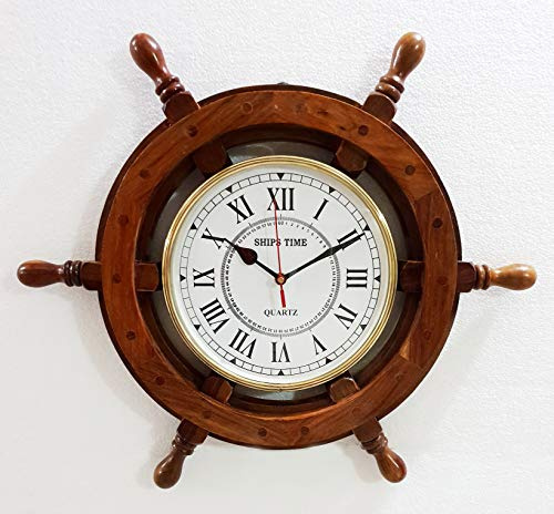 Orologio da parete nautico antico Marine 18 pollici in legno con ruota della nave orologio da parete decorazione domestica