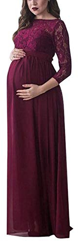 Loalirando Women Long Maternity Dress Lace 3/4 Sleeve Maxi Elegant Pregnancy Dress Vintage Floral Photography Dress (Wine Red, XL)