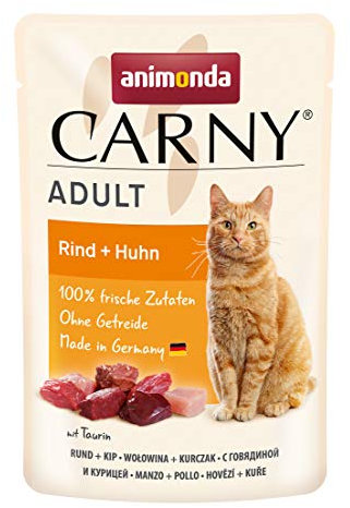 animonda Carny Katzenfutter nass Rind + Huhn, 12 Portionsbeutel (12 x 85g), getreidefreies Katzennassfutter ohne Zucker für ausgewachsene Katzen mit frischen fleischigen Zutaten
