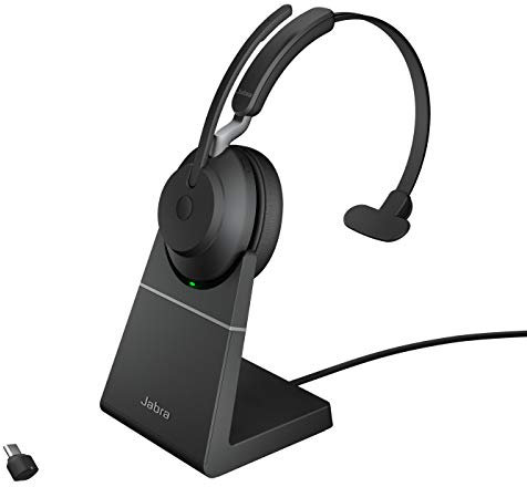 Jabra Evolve2 65 Wireless PC Headset with Charging Stand – Noise Cancelling UC Certified Mono Headphones with Long-Lasting Battery – USB-C Bluetooth Adapter – Black