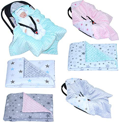 Baby Einschlagdecke MINKY - STAR - mit Kapuze 90x90 cm Babyschale Decke (Star BLAU + GRAU)