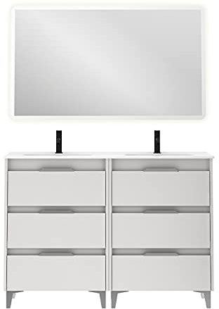 AMIZUVA - Ensemble Meuble de Salle de Bain Suki avec 6 Tiroirs - Largeur 120 cm - Comprend 2 Lavabos en Céramique - Finition Blanc Brillant - Meuble Lavabo Double