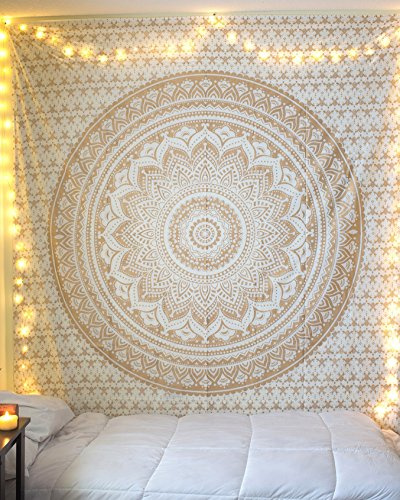 raajsee Mandala Tapestry - Boho Wall Art - 30x40 Inches - White Gold - Bedroom Decor