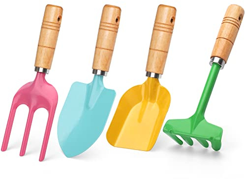 Beach Toy Scoop Sand Spade, Kids Small Garden Tool Set Toy, Rake, Spade, Hoe and Leaf Rake, Beach Shovels Spade Toy, Stainless Steel Sturdy Sandbox Kit Essential Beach Gear Accessories, 4 Pack