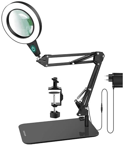 SAVSOO 20 Dioptrien Lupe mit Licht und Ständer, Touch-Steuerung, 2-in-1 LED Lupenleuchte, Schreibtischlampe mit großem Sockel und Klemme, 3 Farbmodi Dimmbare, Lupenlampe für Hobby Basteln,Schwarz