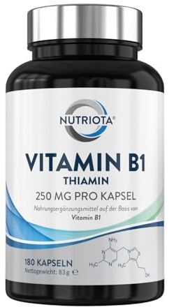 Vitamin B1 (Thiamin) Hochdosiert 250 mg Kapseln – 180 Kapseln – Veganfreundlich – Von Nutriota