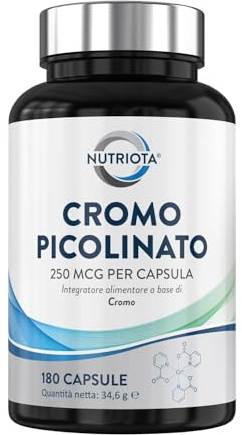 Integratore alimentare di cromo picolinato 250 mcg | 180 capsule a elevato dosaggio | Adatto per vegani | Prodotto da Nutriota