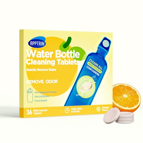 APPTRIN Water Bottle Cleaning Tablets, Bottle Clean Tablet Pack of 36, Cleansing Tablets for All Plastics and Glass Drinking Containers,Individually Packed,Orange