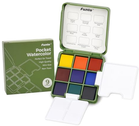 Funto Pocket Wasserfarben, Travel Artist Outdoor Skizzen Wasserfarben-Sets mit 2 faltbaren Wasserfarbenpaletten, 9 Farben, perfekt zum Reisen und als Geschenk für kreative Künstler