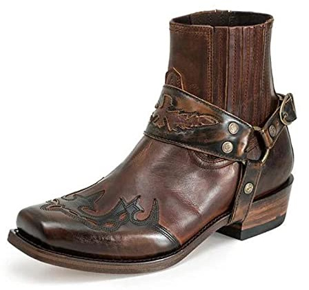 ottspu Cowboy Boots for Men Booties Ankle Cowboy Western Boots Stitched Embroidered Squared Toe Short Chunky Classic,Dark Brown,9 UK