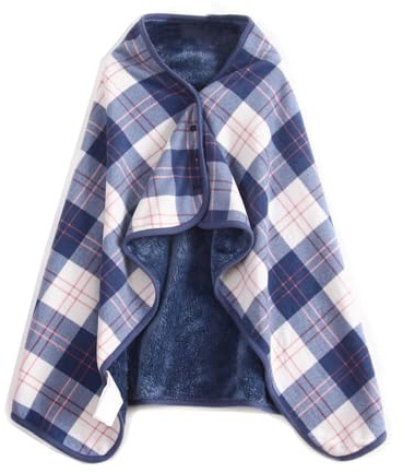CSARPECT Poncho Châles, Flanelle Polaire Cardigan Ouvert Écharpe, Doux Chaude d'hiver Foulard Chaud Capes avec Boutons Couverture à Carreaux (Blue white 100 * 140cm, Taille unique)