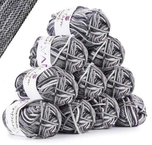 Crochet Yarn Set Acrylic Yarn Knitting Wool 10 x 25g 5-Ply Each for Crochet Project DIY Crafts Blanket Socks Dolls for Beginners Adults-Grey