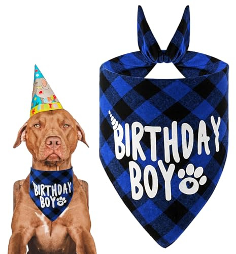 Classicseali Dog Birthday Bandana Large,Cotton Plaid Dog Birthday Bandana, Long 27.95In Birthdays Boy Dogs Bandanas, Triangle Scarf for Multi Sizes Small Medium Large Dogs Pets, Royal Blue