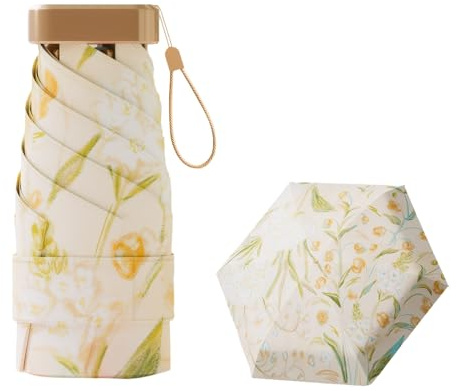 Meichoon UPF50+ Compact Lightweight Folding Umbrella Mini Portable Travel Friendly Sun & Rain Protection with UV Shield Fashionable Flower Design for Women Yellow