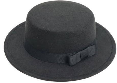 OHEETU Classic Black Fedora Hat Unisex Wide Brim Flat Top Panama Hats with Bow Vintage Jazz Derby Cap for Wedding Party Performance