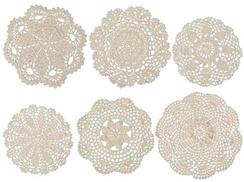 6 Pcs Crochet Doilies, Vintage Cotton Lace Doilies, Round Handmade Crochet Placemats, Knitted Lace Cloth Doily for Tables Kitchen Dining Room Dessert Coasters Wedding Birthday Party Decor, Beige