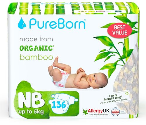 PureBorn 136 Windeln Größe 1 (0-5 kg) – Ultra-Saugfähig, Hypoallergen, Weich & Sanft für Neugeborene (0-3 Monate) – Dermatologisch Getestet, Auslaufsicher, Umweltfreundlich aus Bambus