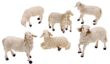 6-TEILIGES SCHAFSET – Krippentiere für WEIHNACHTSKRIPPEN [passend für 10-12 cm Figuren] – SCHAFHERDE mit Widder, Muttertier & Lämmchen – Handbemalte KRIPPENZUBEHÖR von MaMeMi