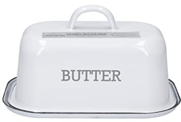 KitchenCraft Living Nostalgia Vintage-Style Enamel Butter Dish with Lid, White/Grey
