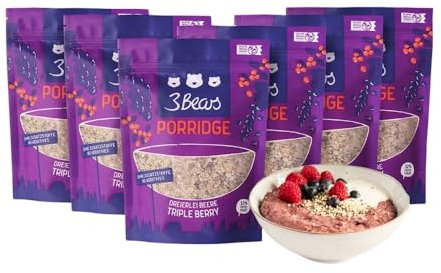 3Bears Porridge - Dreierlei Beere I 6x400g veganes Porridge mit Vollkorn-Haferflocken I Mit rein natürlicher Süße und ohne Zusatzstoffe I auch als Oatmeal, Frühstücksbrei oder Overnight Oats