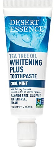 Desert Essence Tea Tree Oil Whitening Toothpaste Travel Size, 1 oz - Flouride Free, Gluten Free, Vegan, Non-GMO - with Bamboo Stem Fiber, Baking Soda, Tea Tree Oil for Whitening Teeth & Fresh Breath