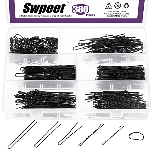 Swpeet 380st 2 Stilar 4,8 cm 6,1 cm 7,0 cm Svarta Hårnålar Bobby Pins med Gummibandssats, Innehåller 120st Bobby Pins och 160st U Hårnålar Hårklipp med Mjuka Elastische Band