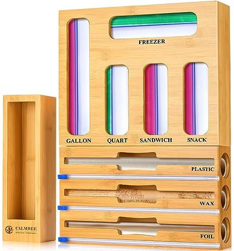 Calmbee 9 IN 1 Storage Bag Organizer for Kitchen Drawer, Bamboo Foil and Plastic Wrap with Cutter, Organizers Compatible Gallon, Quart, Sandwich Snack Size