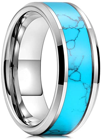 Mode Män Silver Färg Volfram Vigselring Blå Turkos Sten Inlagd Polerad Platt Ring för Män Vigselband Smycken