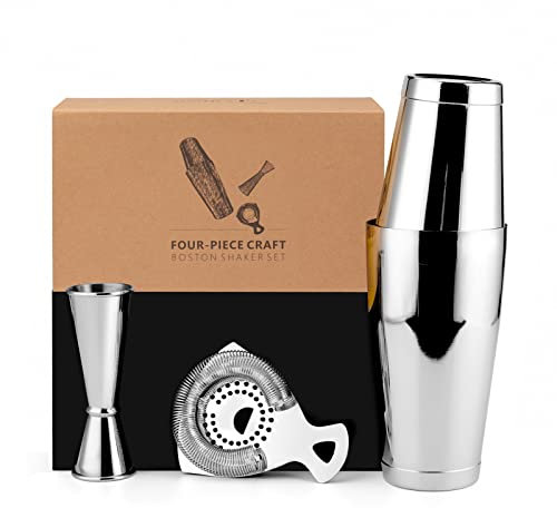 Jettory Boston Shaker Set di 4 shaker da cocktail con shaker Boston da 18/28 oz in acciaio inox, filtro da bar e misurino, in un'elegante confezione l'uso in bar di casa (argento
