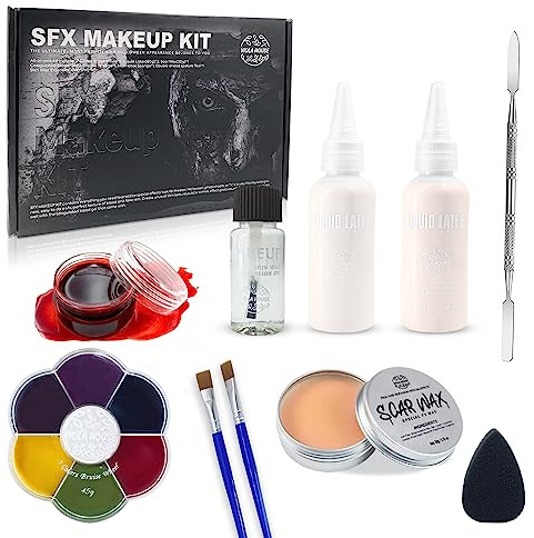 VIOLA HOUSE Halloween Special Effects Makeup, Christmas New Year Gift, 7 Colours Bruise Wound Face Body Paint + Scar Wax + Scar Oil + Liquid Latex + Fake Blood + Spatula + Stipple Sponge + Brush.