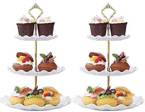 HonGien 2 Pack 3-Tier Cake Stand, Cake Display Stand,Afternoon Tea Cake Stand,Fruit Dessert Serving Tray Stands for Birthday,Party,Wedding (Wave Pattern White)