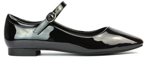 ESSEX GLAM Womens Mary Jane Ballet Shoes Ladies Flats Buckle Strap Square Toe Black Patent Dolly Pumps Size 6