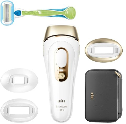Braun IPL Silk-Expert Pro 5 Épilation à la Maison Blanc/Or, Alternative à l'épilation laser, avec étui, Système de Rasage Vénus, 3 têtes, Cadeau pour Femme
