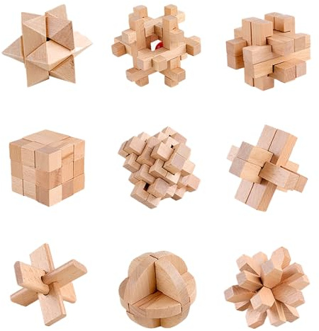 Holzsammlung 9 Stück Knobelspiele Holz, Geschicklichkeitsspiel Holz, Logikspiele IQ Spiele Geduldspiel Knobelspiele, 3D Puzzle Denkspiele Spielzeug Geschenk Set für Erwachsene & Kinder, 7cm