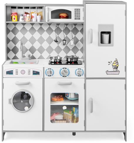 COSTWAY Kids Wooden Kitchen, Pretend Play Kitchen with Light, Sound, Ice Maker, Cooking Stove, Washing Machine, Oven, Microwave & Utensils, Large Children Chef Role Playset for Boys Girls