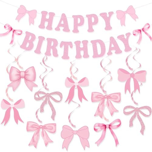 RYMAUP Geburtstagsdekoration mit rosa Schleife, Geburtstagsparty Dekoration mit pink Coquette, Party Zubehör mit rosa Schleife, Happy Birthday Banner Dekoration für Frauen