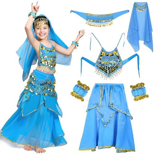 NlsqEU Costume de danse du ventre pour enfant - Costume de danseuse du ventre - Avec ceinture, voile, bracelet pour déguisement d'Halloween, de carnaval, de fête