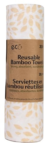 Reusable Bamboo Paper Towel Roll, 25 Feet, 20 Sheets, Machine Washable, White with Beige Leaf Pattern