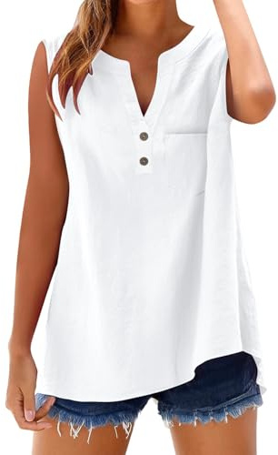 Genérico Camisa Sin Mangas Tallas Grandes Mujer De Algodon Y Lino Con Botones Primavera Verano Moda Color Sólido Blusa Cuello En V Camiseta Elegante Cómoda Basica Top Casual Shirts