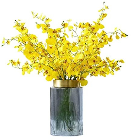 Konstgjorda orkidéblommor ， Konstgjord orkidé Konstgjorda blommor i vas Vackert konstgjorda blommor Konstgjord silke Oncidium Hybridum Dansande orkidé Fake Flower Vas Set Fake Flower(Yellow)