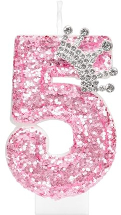 mciskin Velas de corona de cumpleaños para niñas, decoraciones de cumpleaños número 5 rosa para niña, vela con purpurina número 5 para pastel, velas de lentejuelas rosas con corona para decoraciones