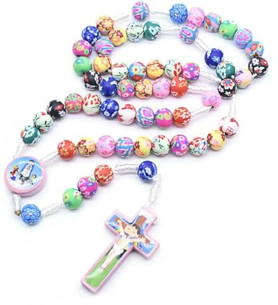 KOGMMYSEVP Rosario infantil colorido de polimero con cuentas de niño, azul, niña, rosa, de madera, anudado, collar con colgante de cruz, 490mm