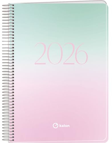 Q Kalon - Agenda 2026 - Dag Per Sida, Storlek A5 (15x21 cm), Årsplanerare Flera Språk (ENG, FRA, TYS och SPA), Ringpärm, Omslag av Kartong och Skyddande Plast - Sunset