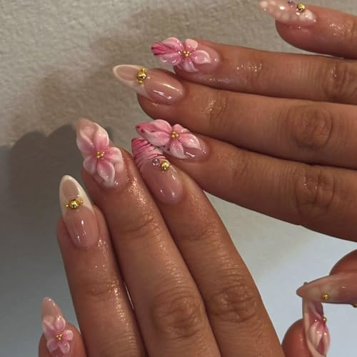 NICENEEDED 24 Pieza Uñas Postizas con Flores, Uñas Postizas Medianas Almendradas con Diseño Floral de Cuentas Doradas 3D