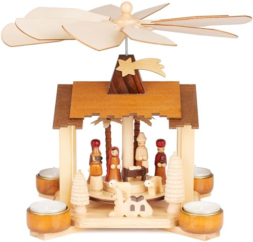 Brubaker Piramide Natalizia in Legno - 28 cm Struttura Artigianale con Gesù, Maria, Giuseppe e la Stella di Betlemme - Presepe con 4 Luci per Le Feste - Dipinto a Mano
