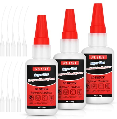 NUTKIT superlim gel extra stark, 150 g 3D-tryck lim med anti-igensättningslock, vattentät transparent superlim, 3D-skrivare superlim för plast PLA ABS PETG TPU filament-3 stycken