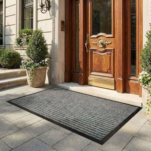 HELLSER Fußmatte | Schmutzfangmatte für außen & innen | rutschfest & flach | Oeko-Tex Zertifiziert | Für Haus, Terrasse & Flur | Dunkelgrau | 50x80 cm